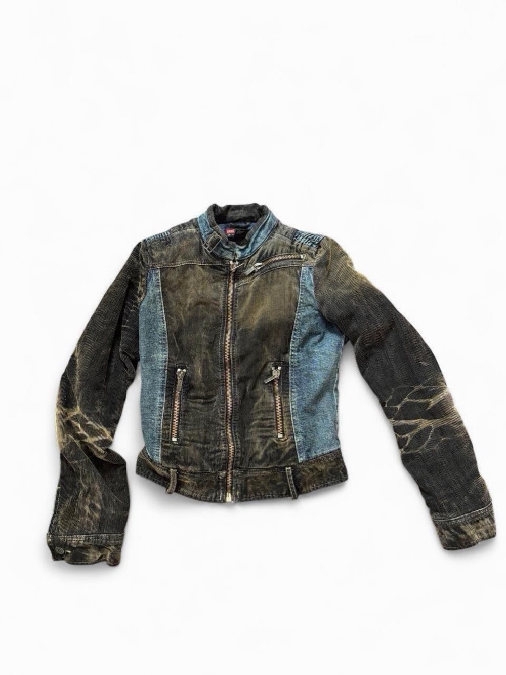2000s vintage diesel black and blue corduroy and denim biker racer jacket